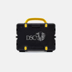 Black carrying case with yellow handles and accents on a light gray background